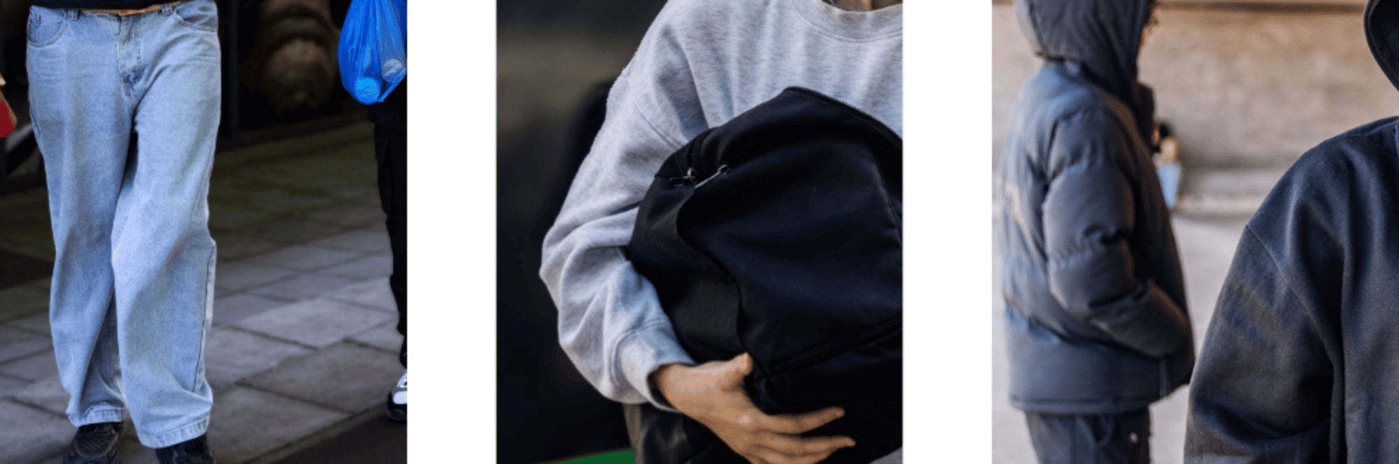 3 images side by side, someone walking, someone with their hand in a bag and two people standing with hoods up.