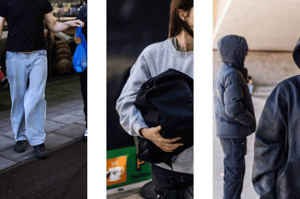 3 images side by side, someone walking, someone with their hand in a bag and two people standing with hoods up.